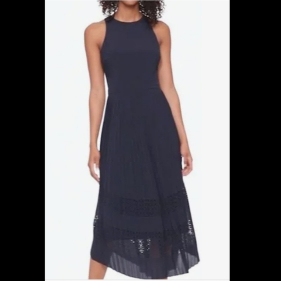 SOLD: Banana Republic Lazer-Cut Curved Hem Midi Dress in Navy Blue - Picture 1 of 10